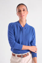 Fine cobalt blue cashmere-wool sweater with bow collar