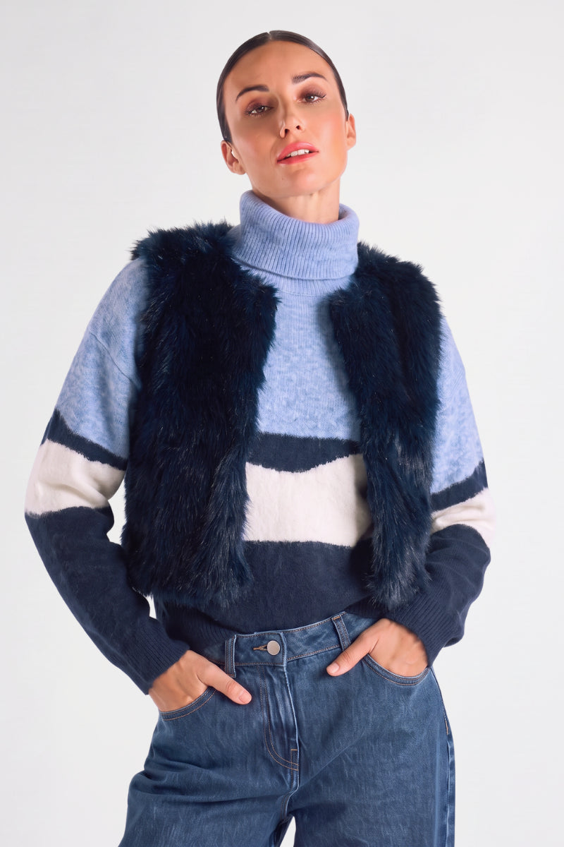 Blauwe fake fur bodywarmer