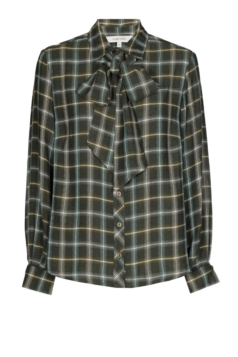 Green check viscose shirt with bow collar