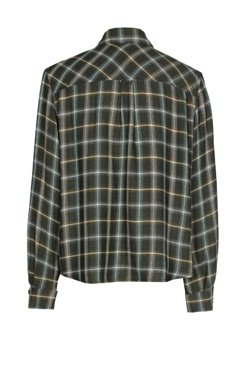 Green check viscose shirt with bow collar
