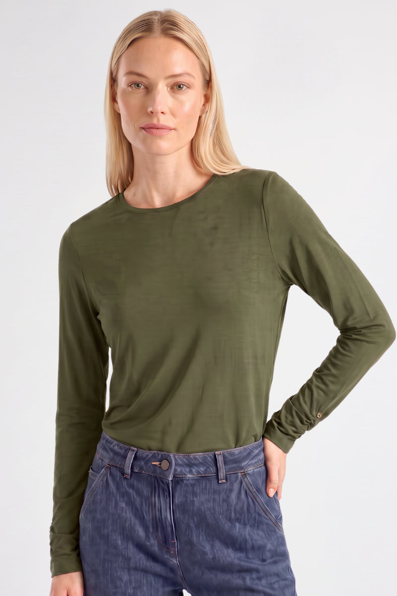 Basic kaki t-shirt with long gathered sleeve