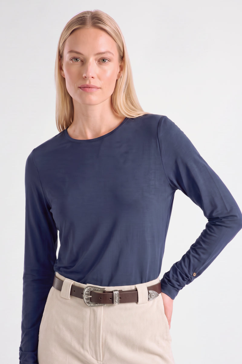 T-shirt basic jeansblauw met lange gefronste mouw