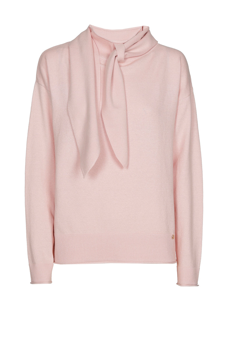 Pull boxy col cravate rose en cachemire-coton