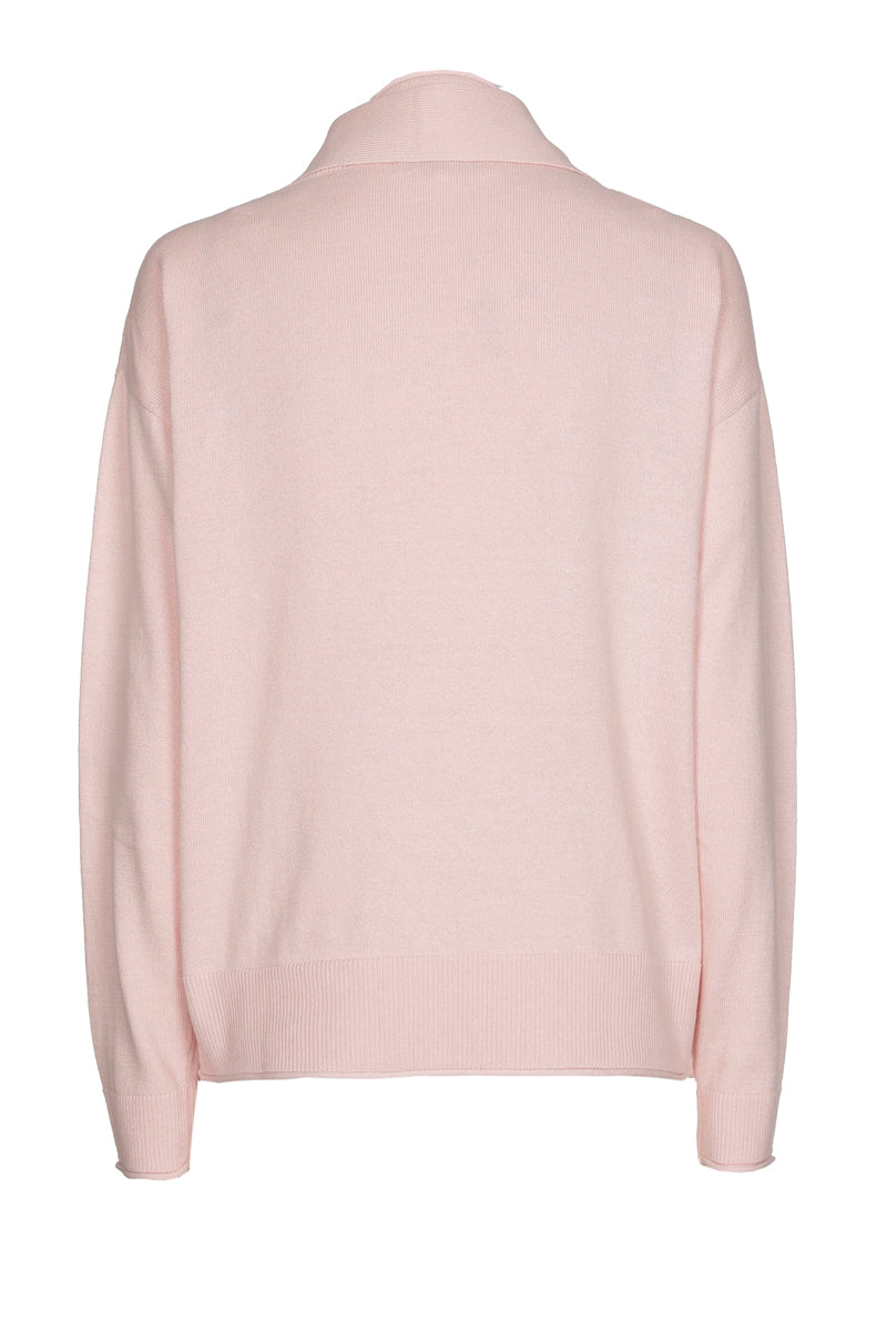 Pull boxy col cravate rose en cachemire-coton