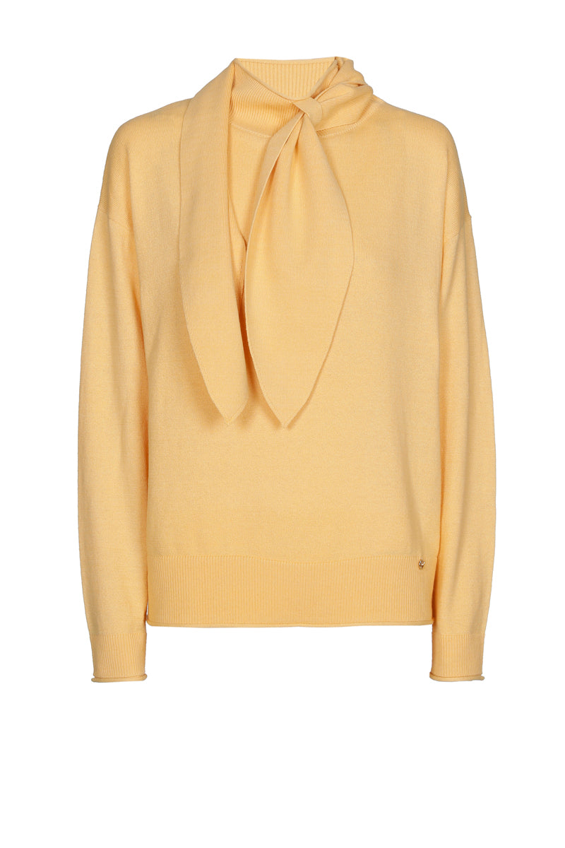 Pull boxy col cravate jaune en cachemire-coton