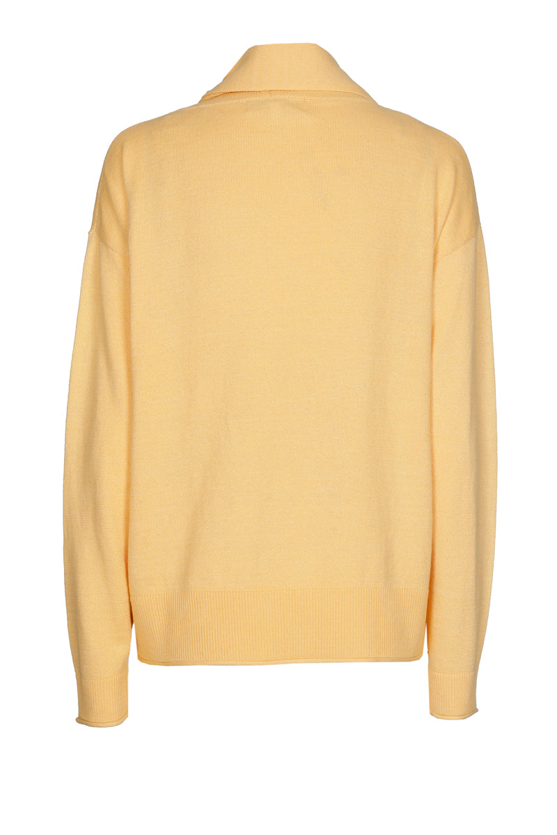 Pull boxy col cravate jaune en cachemire-coton