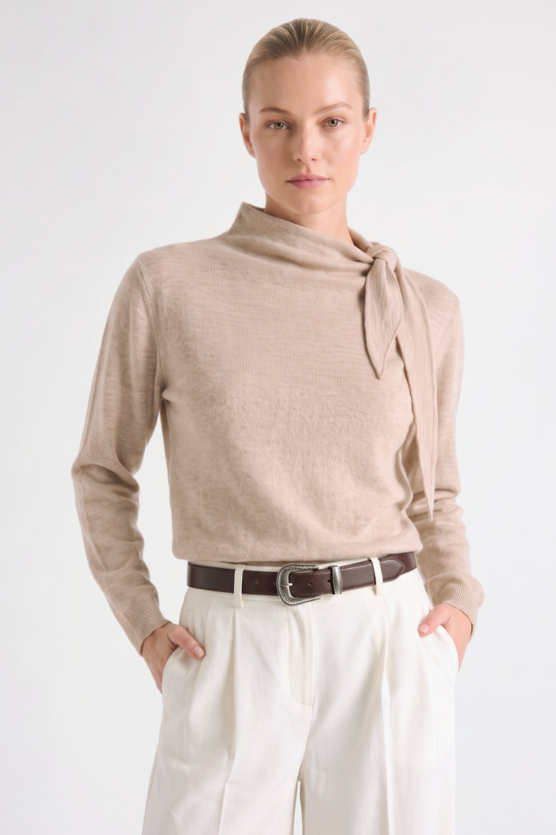 Boxy sand wool-mohair sweater with scarf collar