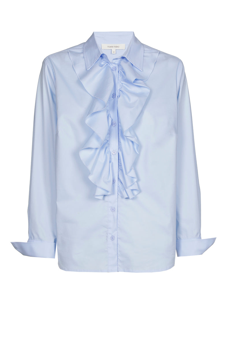 Sky cotton shirt with collar and ruffles