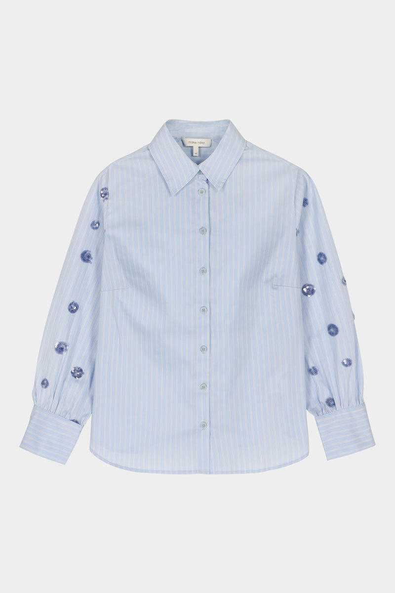 Light blue pinstripe blouse with unique sequin sleeves