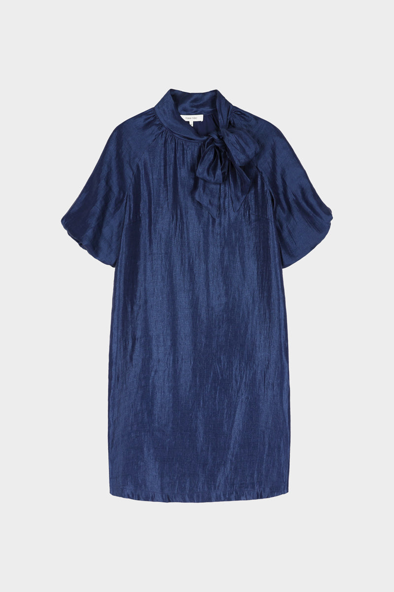 Robe bleu marine longueur genou avec col lavallière et manches courtes