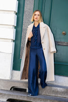 Wide navy trousers with an elasticated waist