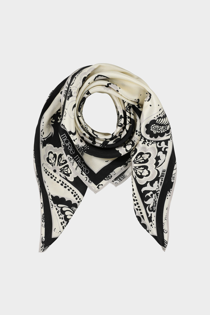 Square scarf with paisley print in cream, black and silver