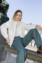 Ecru wool-alpaca blend cardigan with stand collar