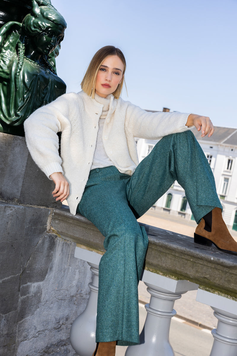 Ecru cape-cardigan met opstaande kraag in wol-alpacamix