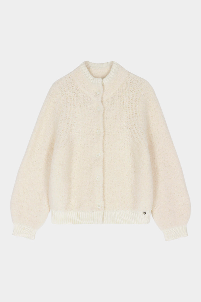 Ecru wool-alpaca blend cardigan with stand collar