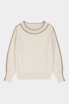 Fine ecru wool-cashmere sweater with bronze-coloured piping