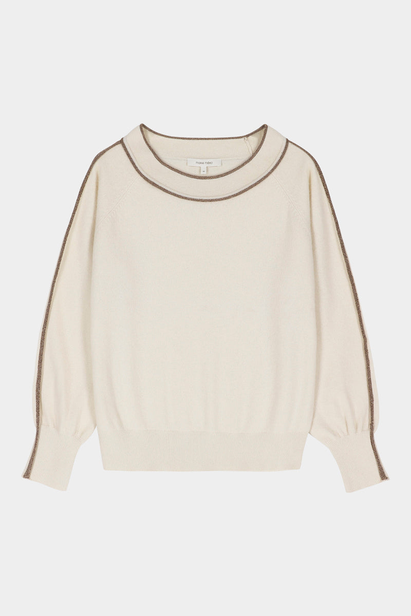 Pull fin écru en laine-cachemire avec passepoils couleur bronze