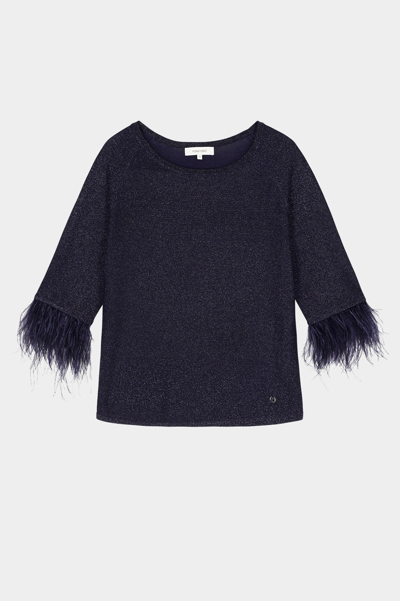 Navy glitter sweater with feather-trimmed sleeves