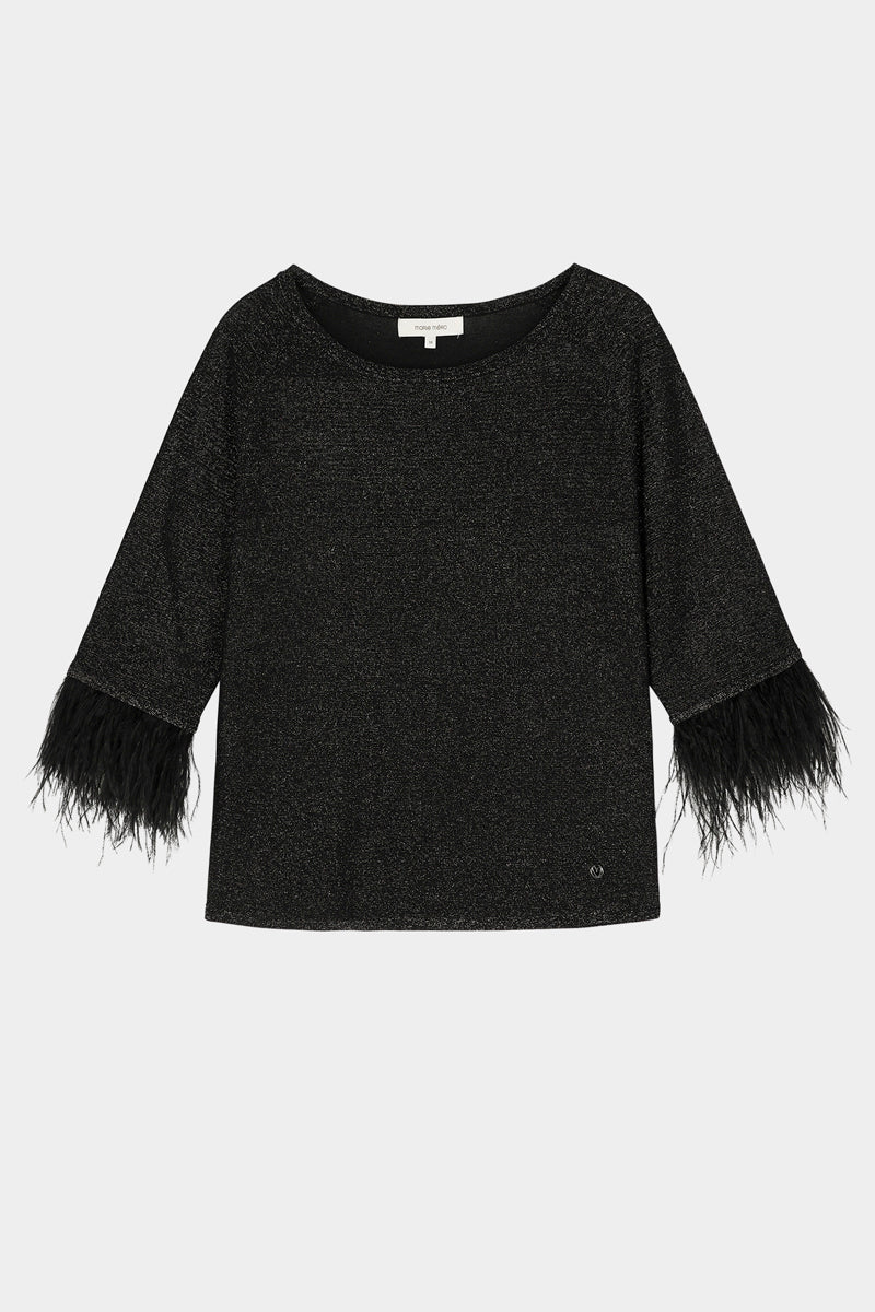 Black glitter sweater with feather-trimmed sleeves