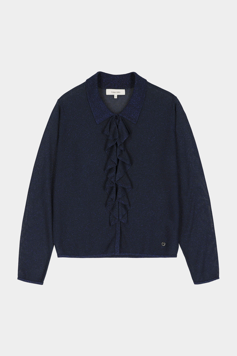 Pull fin bleu marine à volants et fils brillants