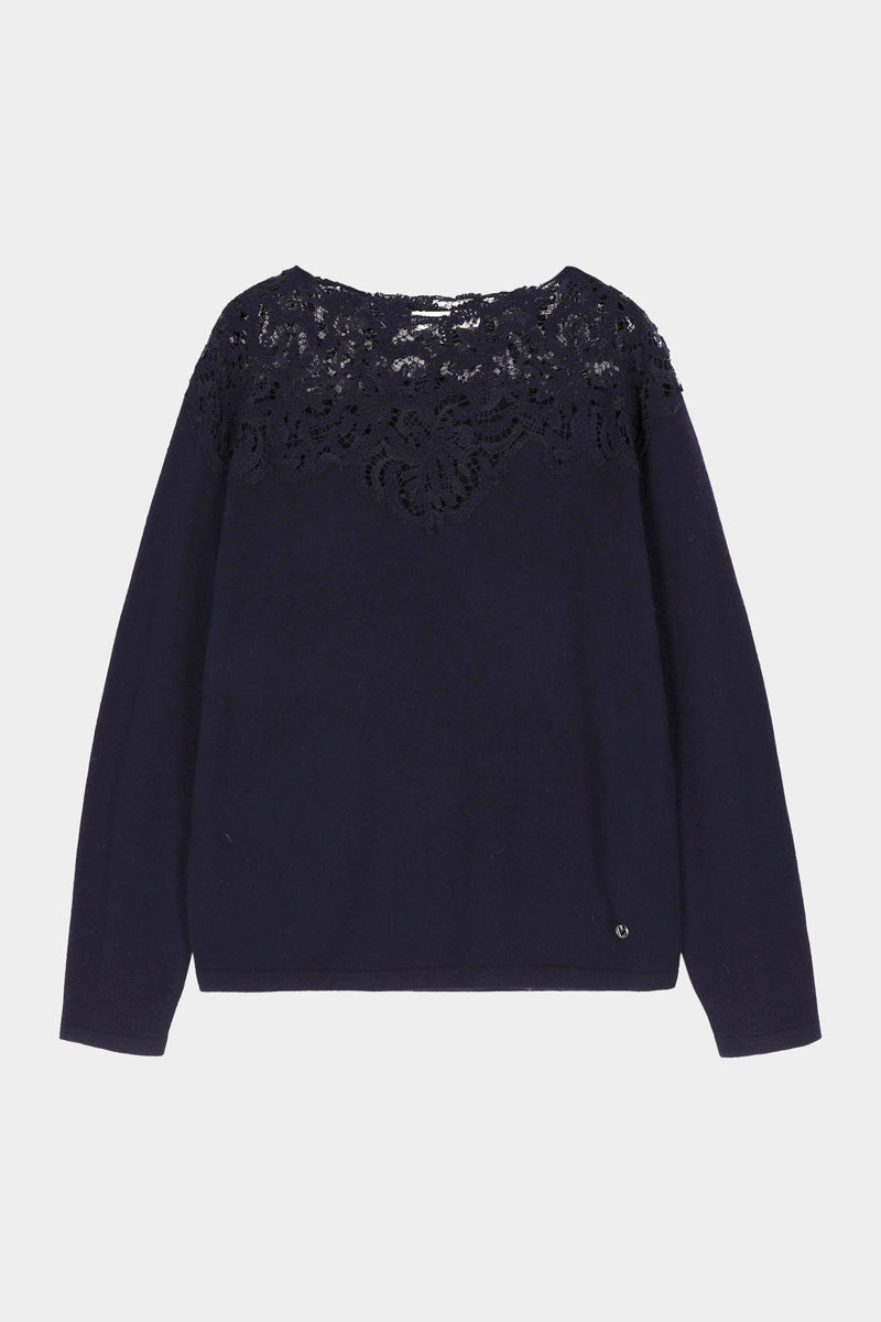 Soft midnight blue wool-cashmere sweater with lace trim