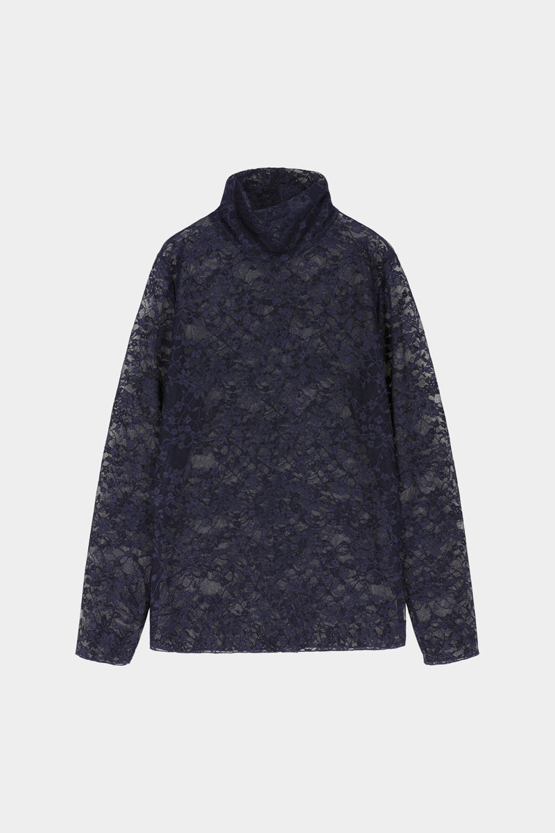 Navy sheer lace roll-neck top