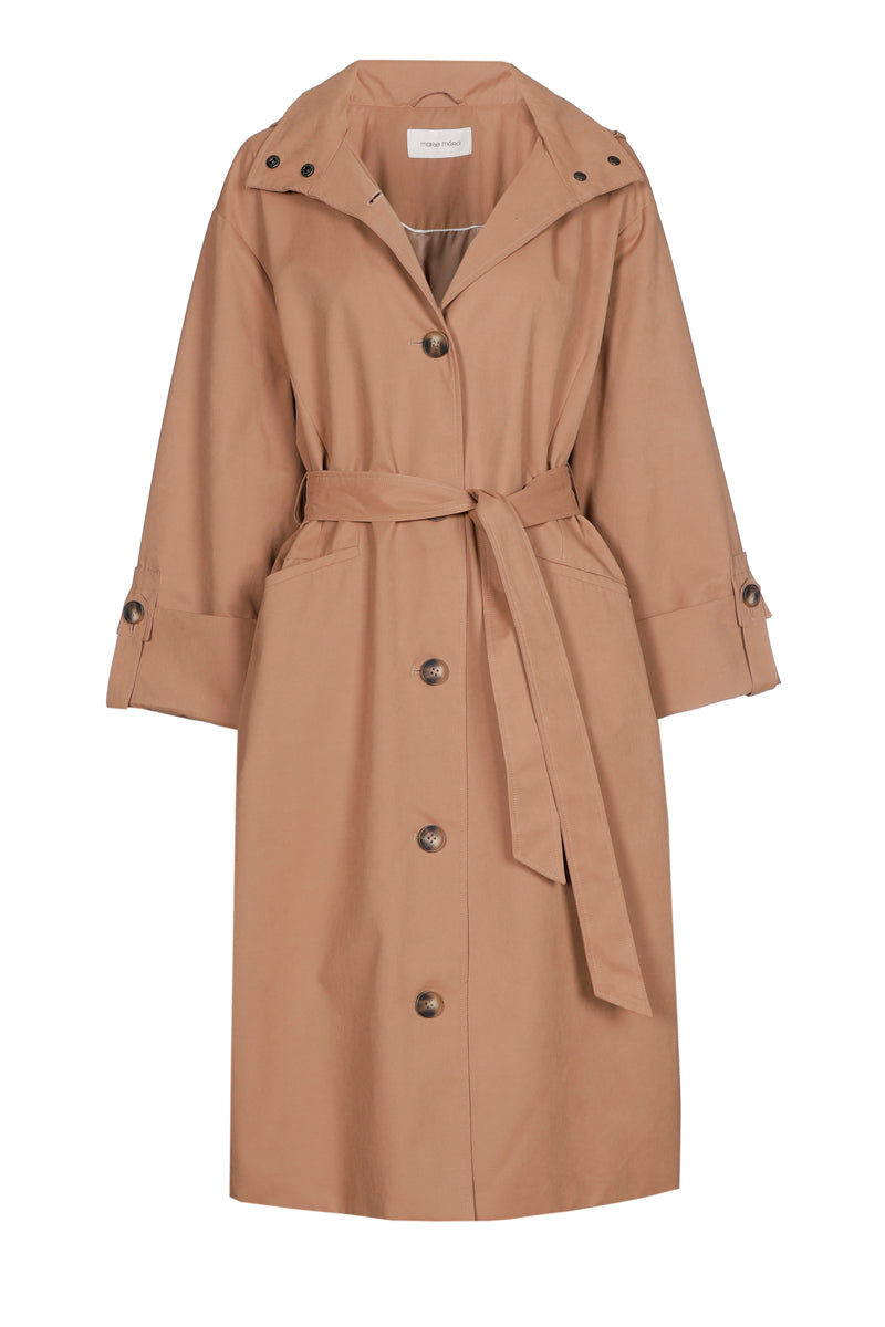 Long manteau camel doublé avec capuche et ceinture