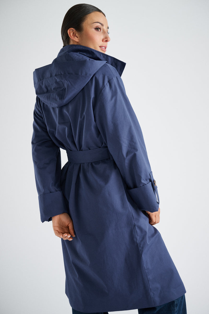 Lange gevoerde navy trenchcoat met kap en riem