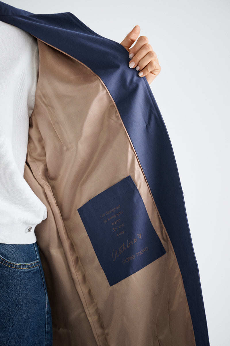 Lange gevoerde navy trenchcoat met kap en riem