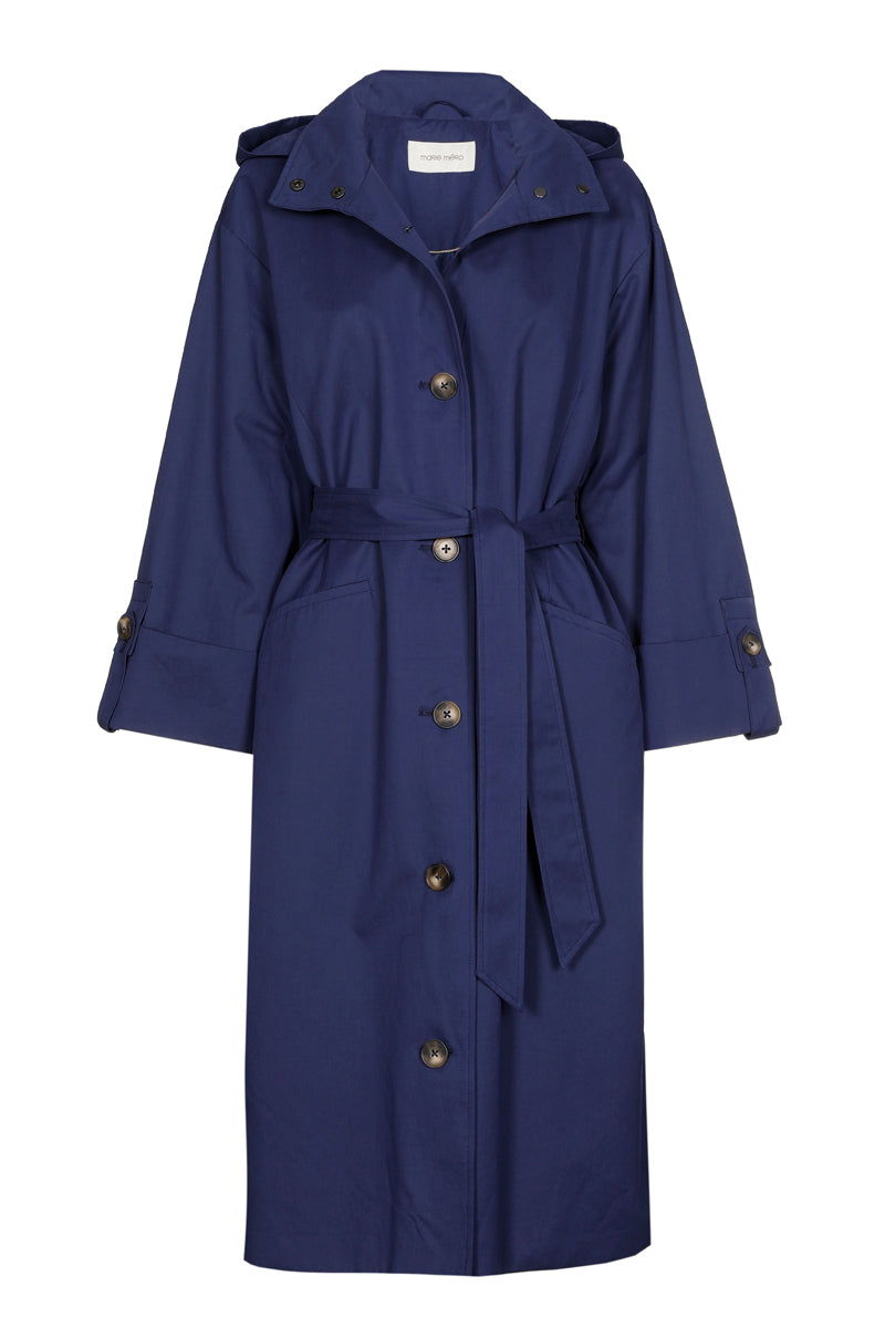 Lange gevoerde navy trenchcoat met kap en riem