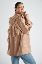 Medium-length camel hooded coat