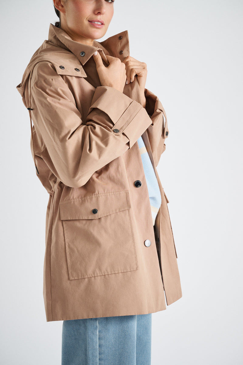 Medium-length camel hooded coat