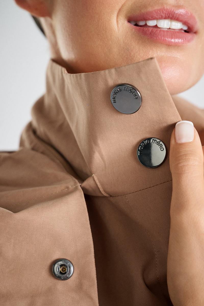 Medium-length camel hooded coat