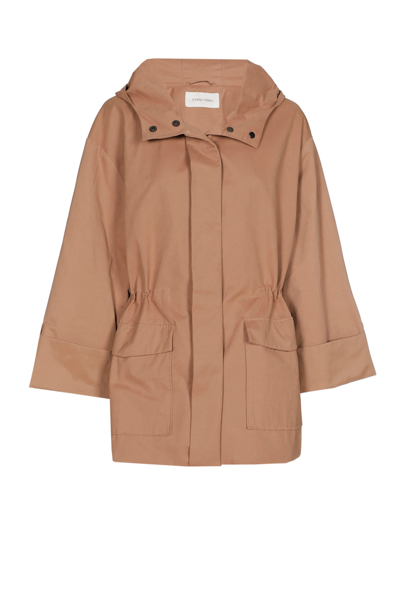 Medium-length camel hooded coat