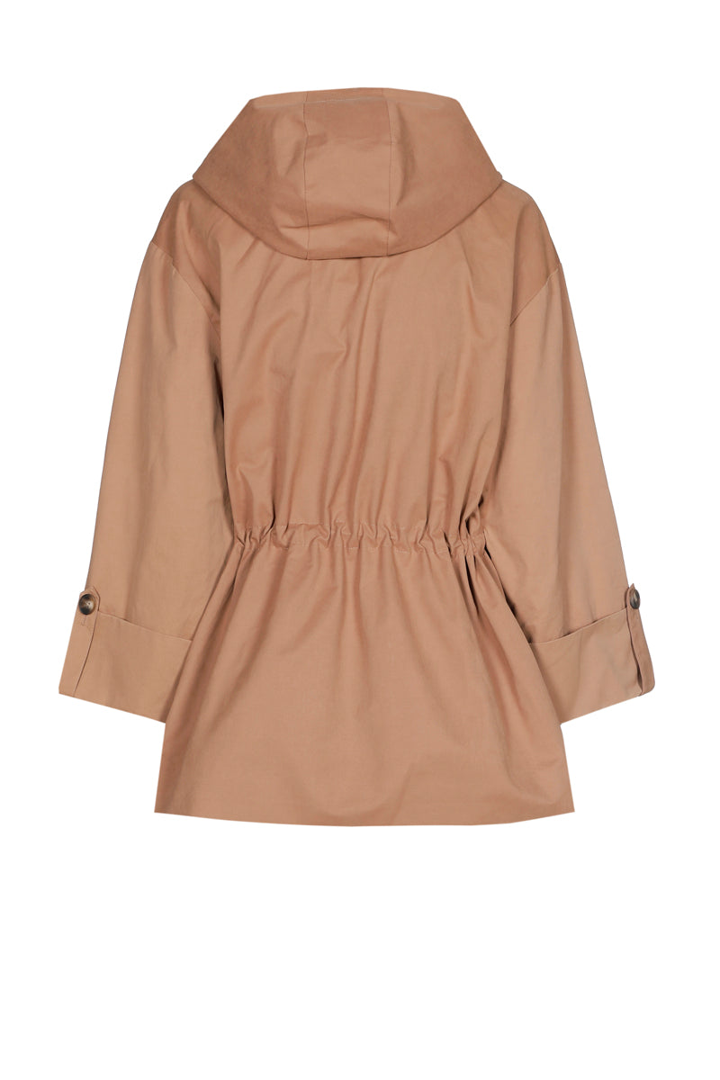 Medium-length camel hooded coat