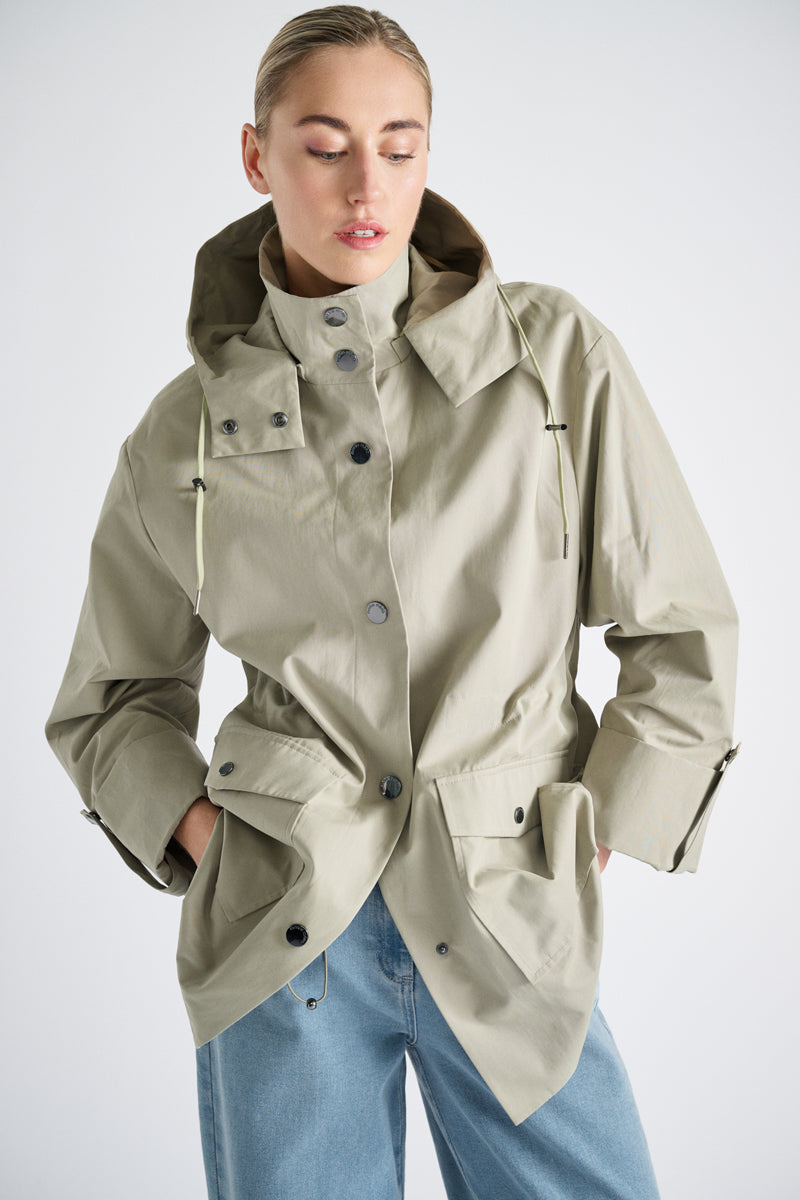 Medium-length lined khaki jacket with hood