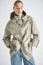 Medium-length lined khaki jacket with hood