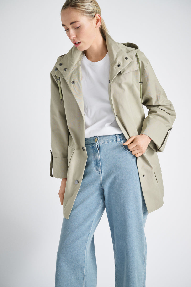 Medium-length lined khaki jacket with hood