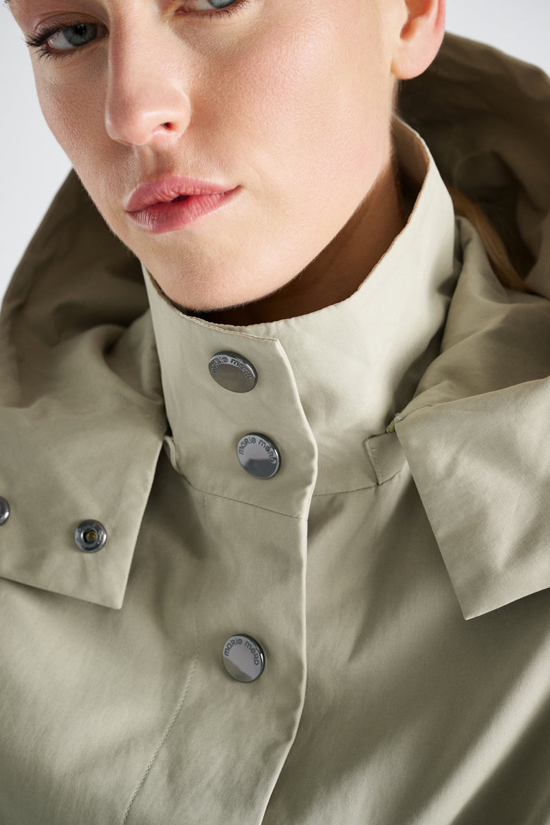 Medium-length lined khaki jacket with hood