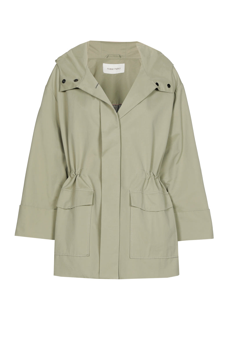 Medium-length lined khaki jacket with hood