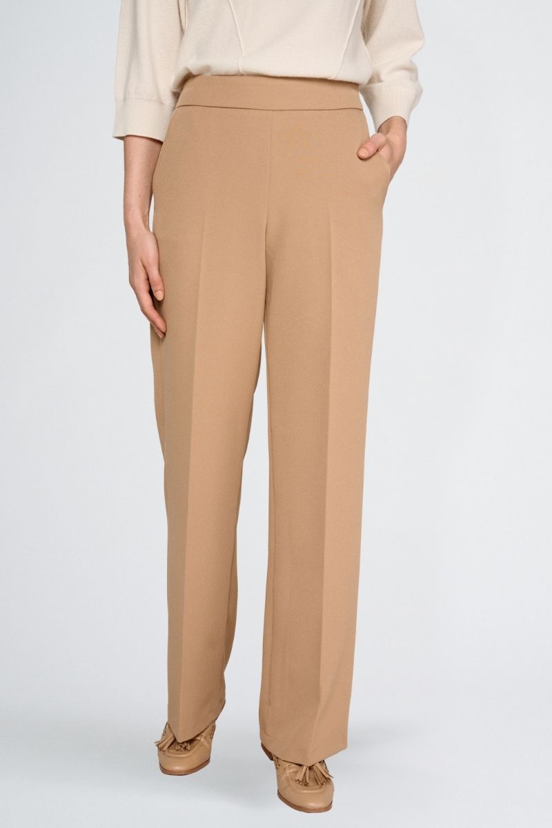 Pantalon large camel avec taille élastique