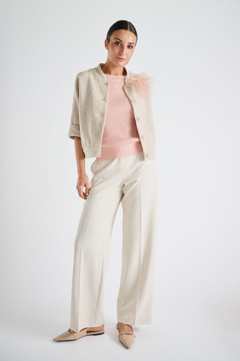 Pantalon large en beige en  laine doux avec fermeture à boutons